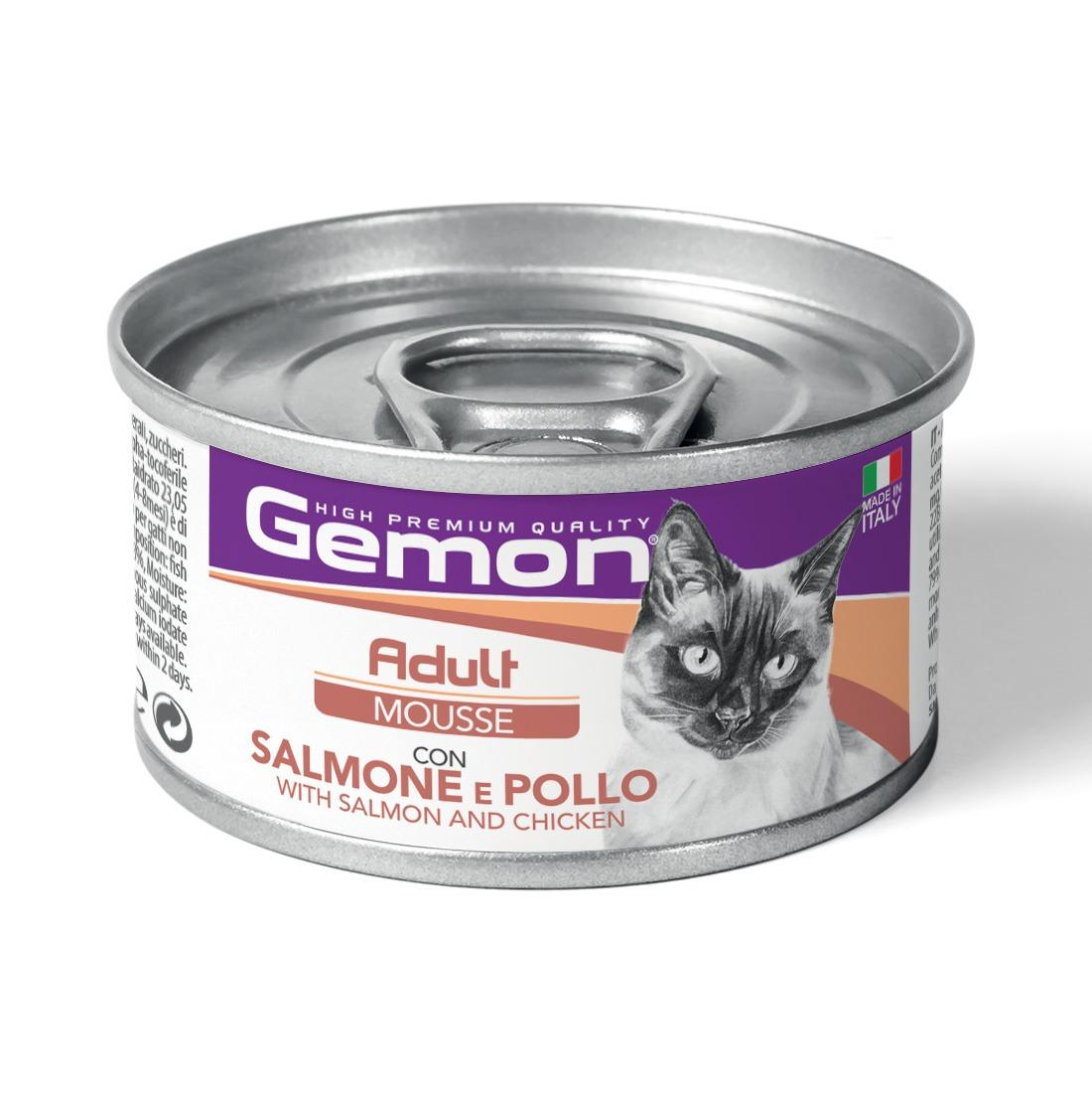 Gemon Adult Mousse con Salmón y Pollo es un alimento completo diseñado para satisfacer las necesidades nutricionales diarias de los gatos adultos. Esta fórmula aporta todos los nutrientes necesarios para la vitalidad diaria de tus amigos de cuatro patas.