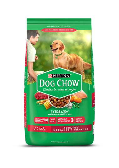 Purina® Dog Chow® Salud Visible Adulto Mediano y Grande es el alimento completo ideal para perros adultos de todos los tamaños con baja actividad física o tendencia a ganar peso. Este innovador alimento incorpora EXTRALIFE, una mezcla especial enriquecida con antioxidantes, vitaminas y minerales para promover la salud óptima de tu perro.