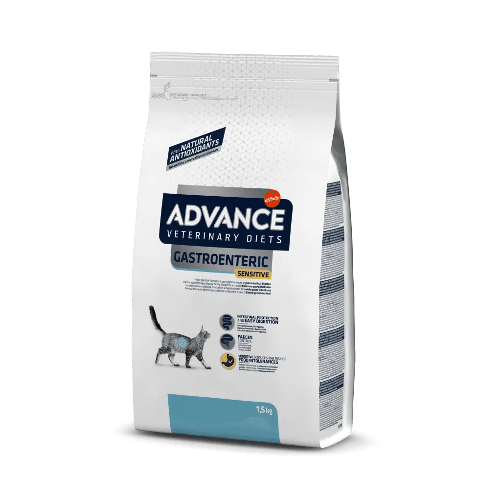 ¿Tu gato padece problemas gastrointestinales? ADVANCE VETERINARY DIETS Gastroenteric Sensitive Feline es la solución ideal. Este alimento dietético completo está formulado específicamente para gatos adultos que sufren de trastornos gastrointestinales o insuficiencia pancreática exocrina, proporcionando un alivio eficaz y una nutrición equilibrada.